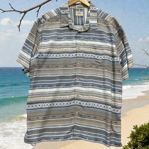 Quiksilver Waterman Comfort Fit Hawaiian Shirt Mens XXL Fish Tribal Print Grey